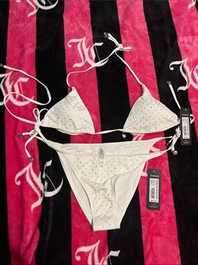 bebe White Rhinestone Triangle Tie Bikini